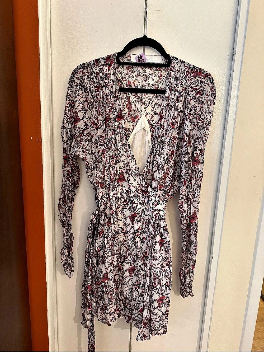 IRO Paris  Floral Long Sleeve wrap Mini Dress in White & Red